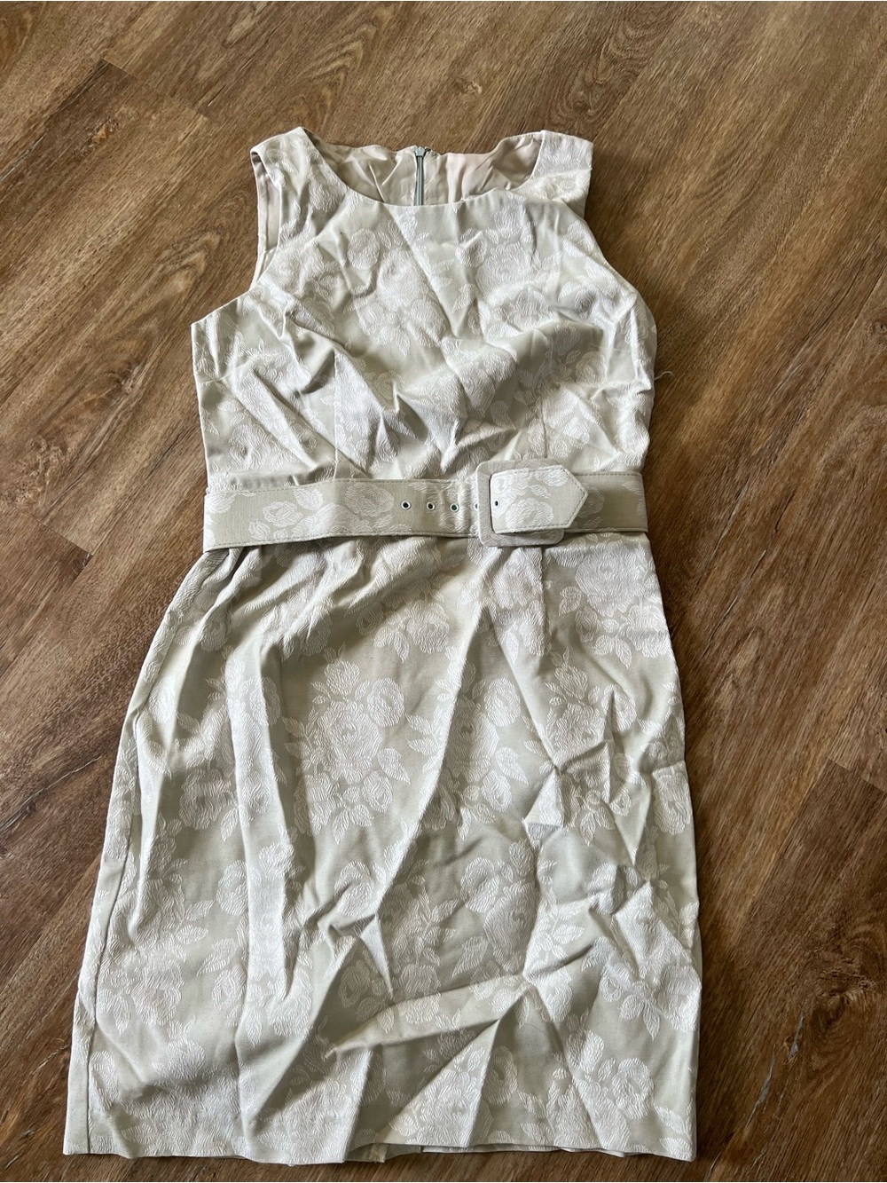 Ivory Floral Jacquard Sleeveless Sheath Dress with Matching Belt